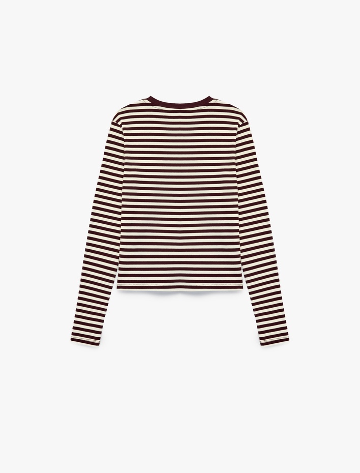  Pamuklu Slim Fit Bisiklet Yaka Uzun Kollu Çizgili Tişört