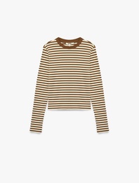 Pamuklu Slim Fit Bisiklet Yaka Uzun Kollu Çizgili Tişört