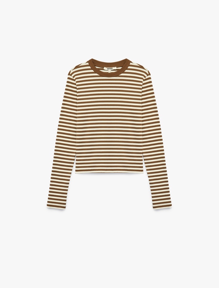  Pamuklu Slim Fit Bisiklet Yaka Uzun Kollu Çizgili Tişört
