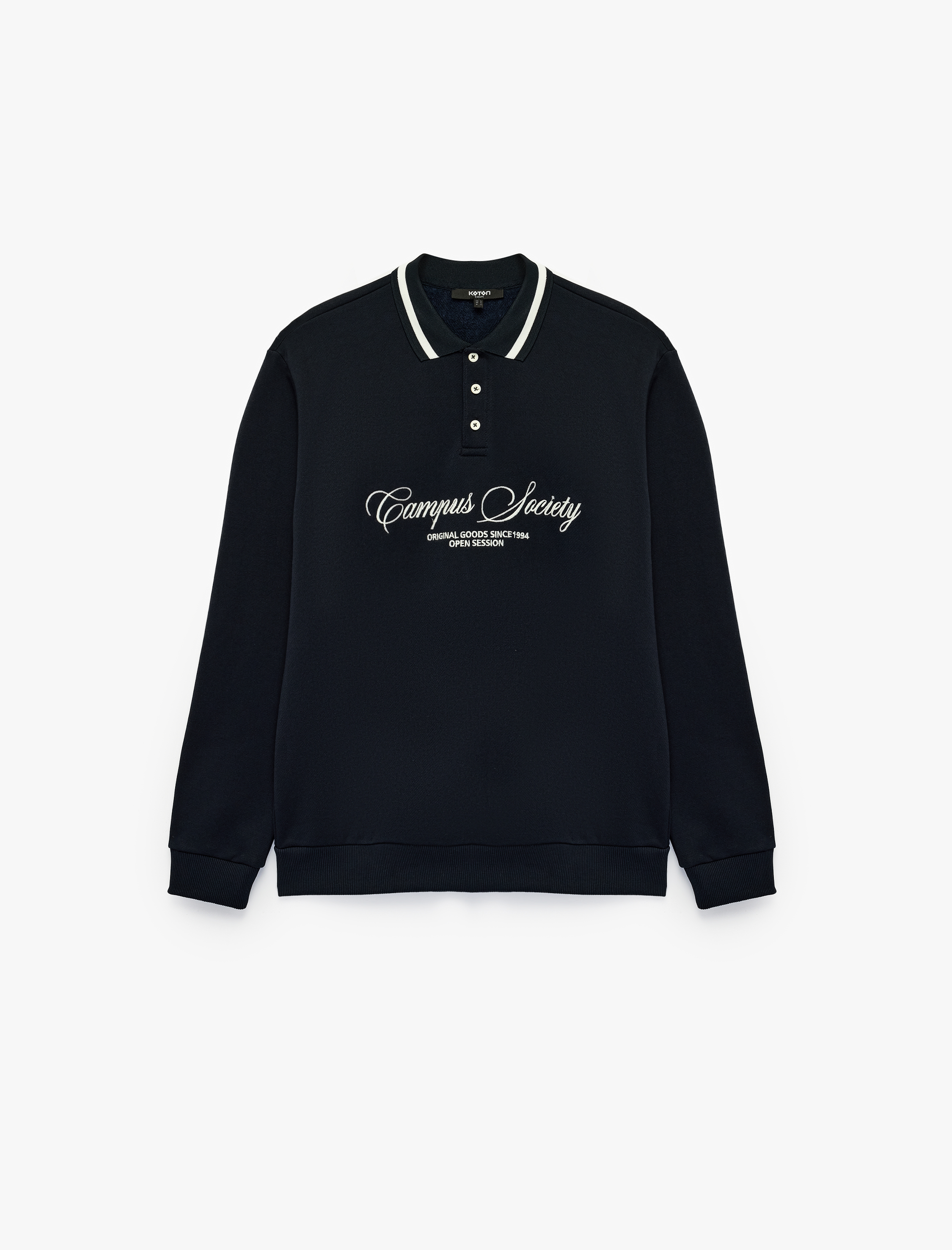   Uzun Kollu Şardonlu Nakışlı Renk Kontrastlı Düğmeli Polo Yaka Sweatshirt