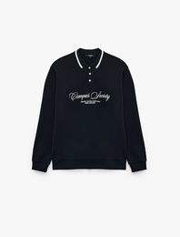 Uzun Kollu Şardonlu Nakışlı Renk Kontrastlı Düğmeli Polo Yaka Sweatshirt
