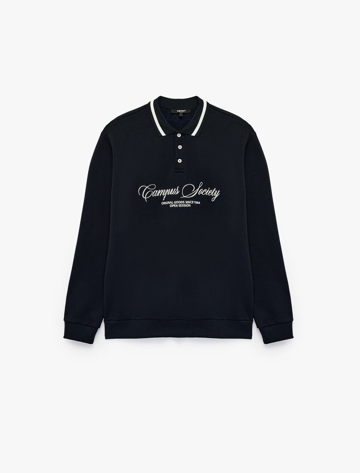  Uzun Kollu Şardonlu Nakışlı Renk Kontrastlı Düğmeli Polo Yaka Sweatshirt