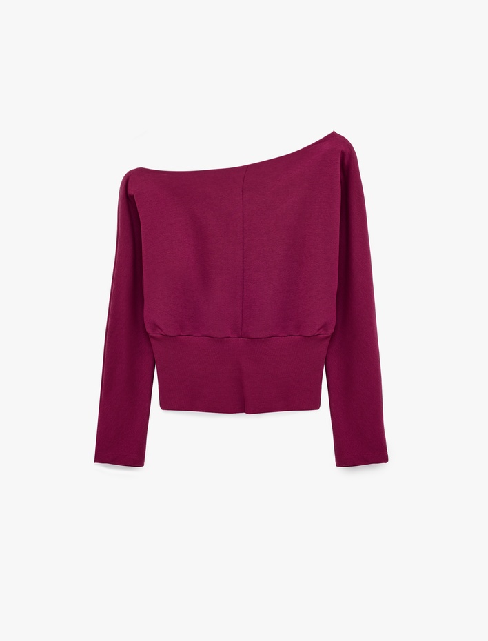  Asimetrik Kayık Yaka Sweatshirt Pamuklu Slim Fit Yarasa Kollu