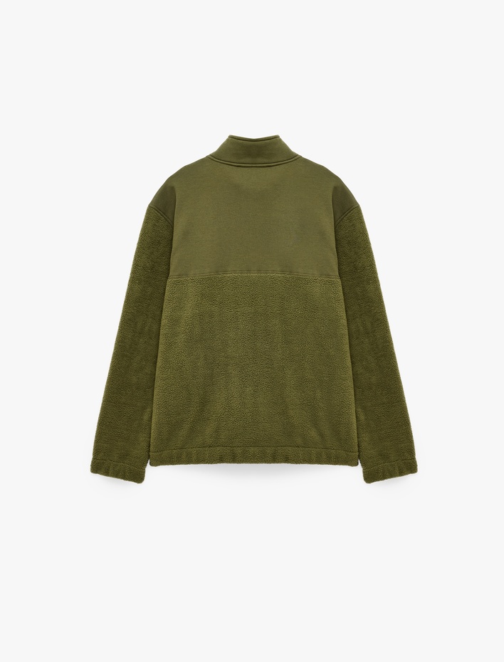  Uzun Kollu Kumaş Detaylı Yarım Fermuarlı Polar Sweatshirt