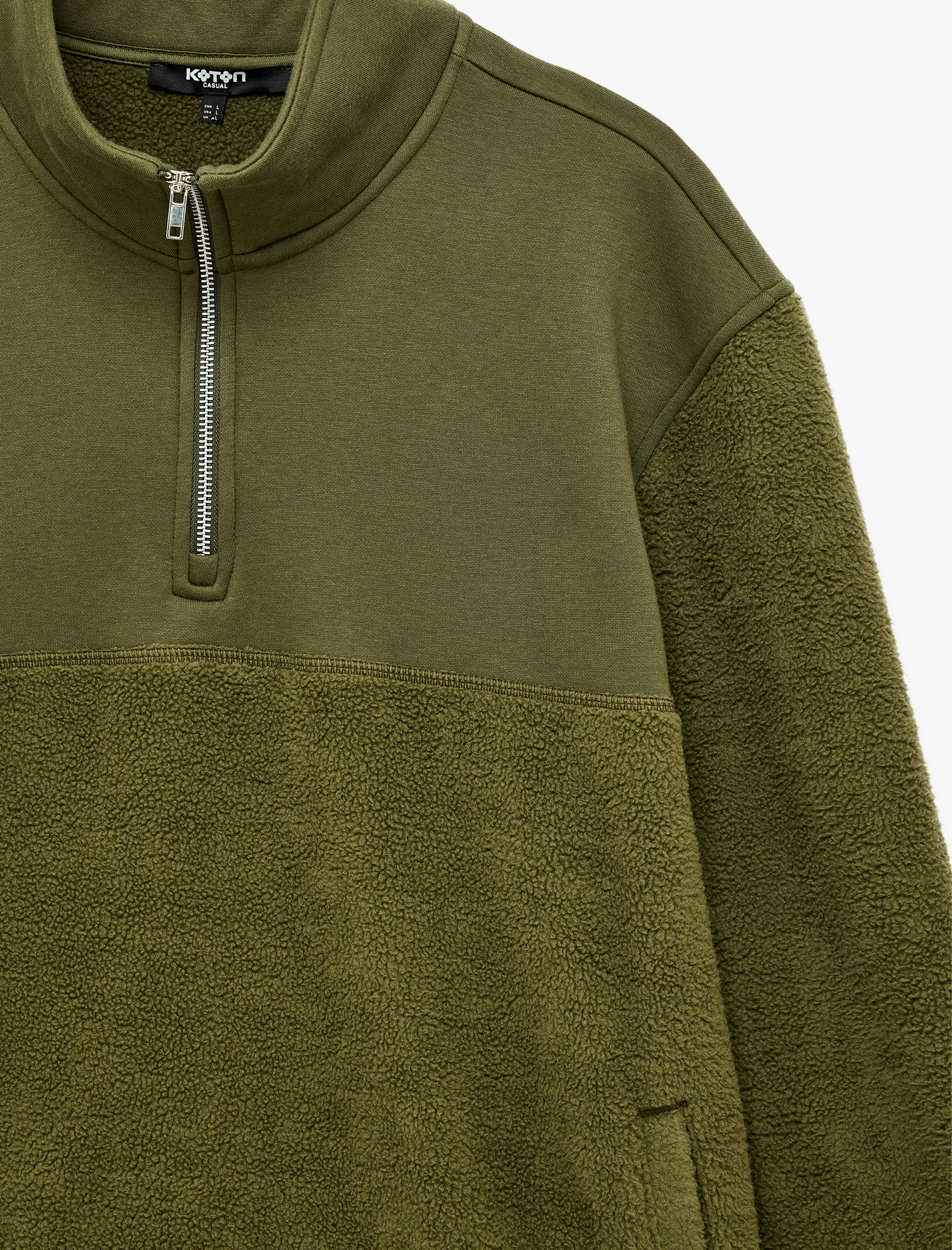   Uzun Kollu Kumaş Detaylı Yarım Fermuarlı Polar Sweatshirt