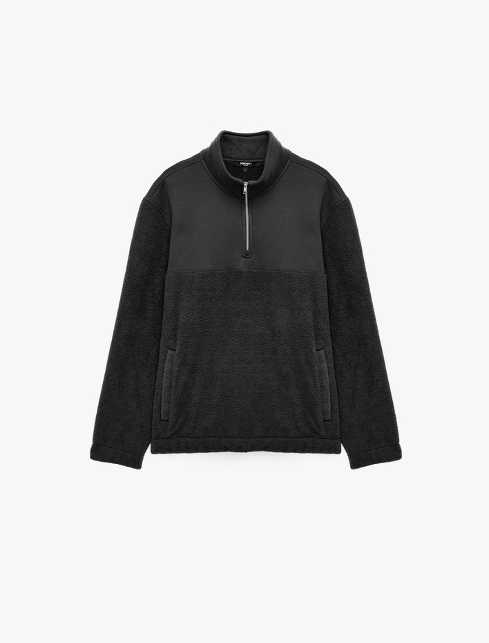  Uzun Kollu Kumaş Detaylı Yarım Fermuarlı Polar Sweatshirt