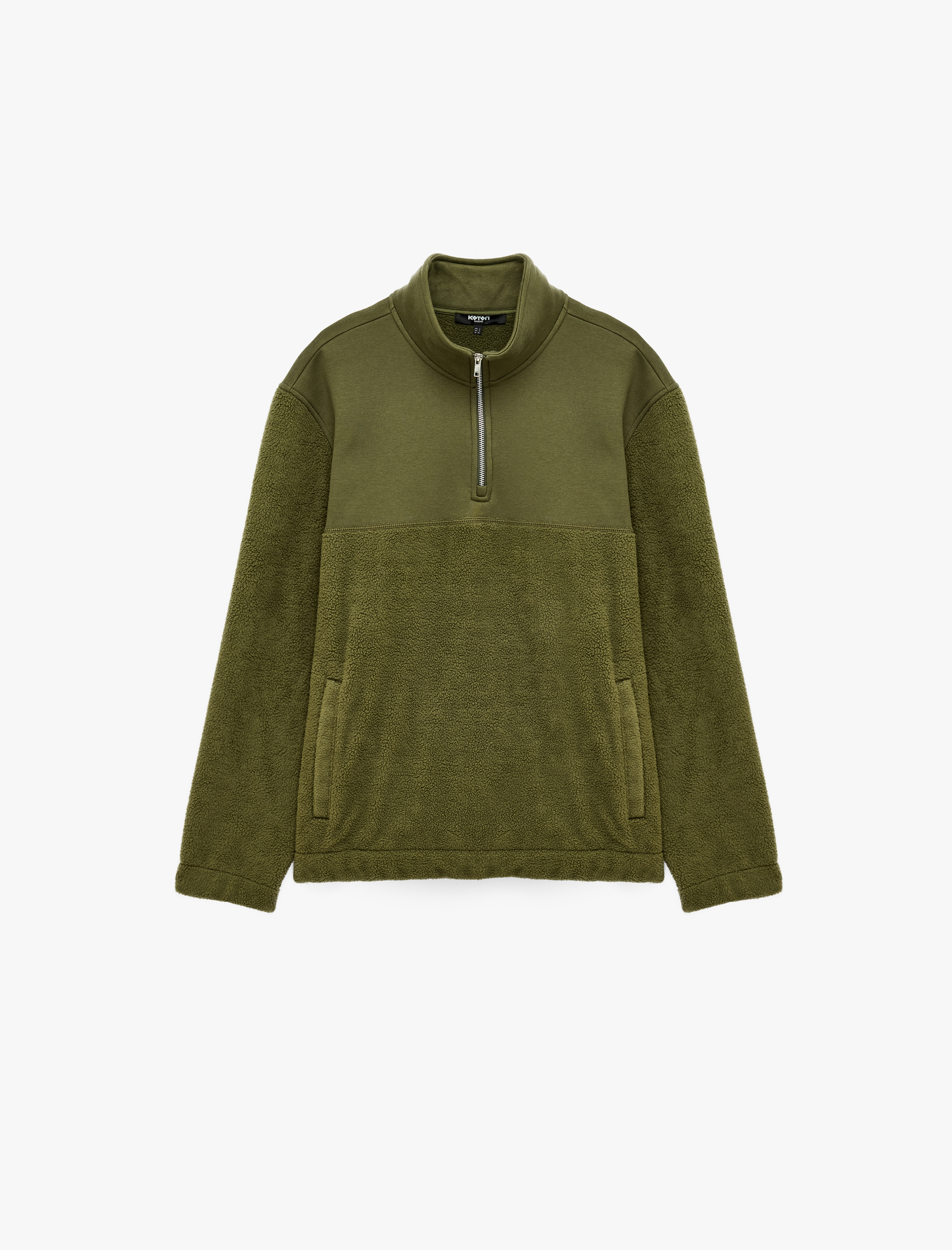   Uzun Kollu Kumaş Detaylı Yarım Fermuarlı Polar Sweatshirt