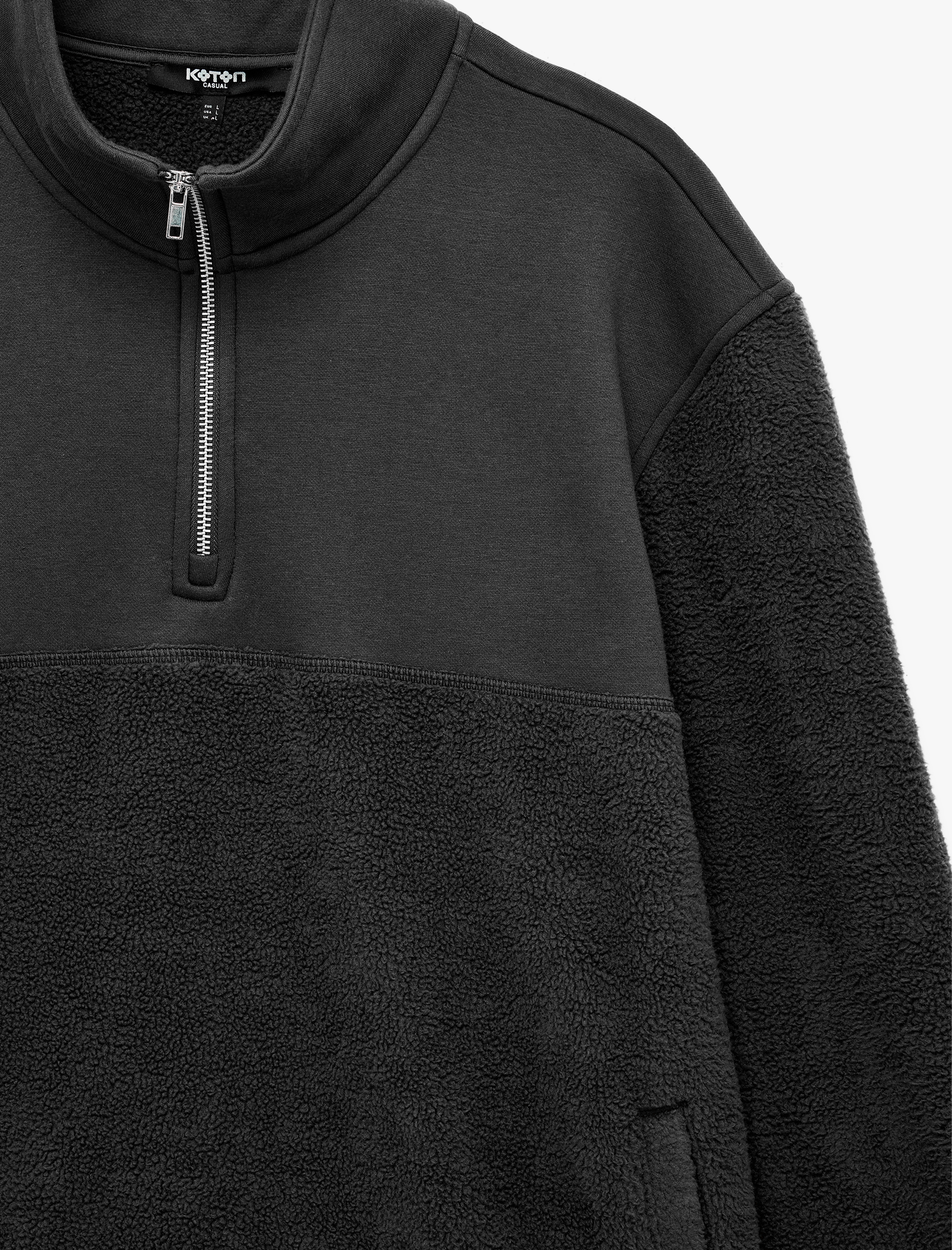   Uzun Kollu Kumaş Detaylı Yarım Fermuarlı Polar Sweatshirt