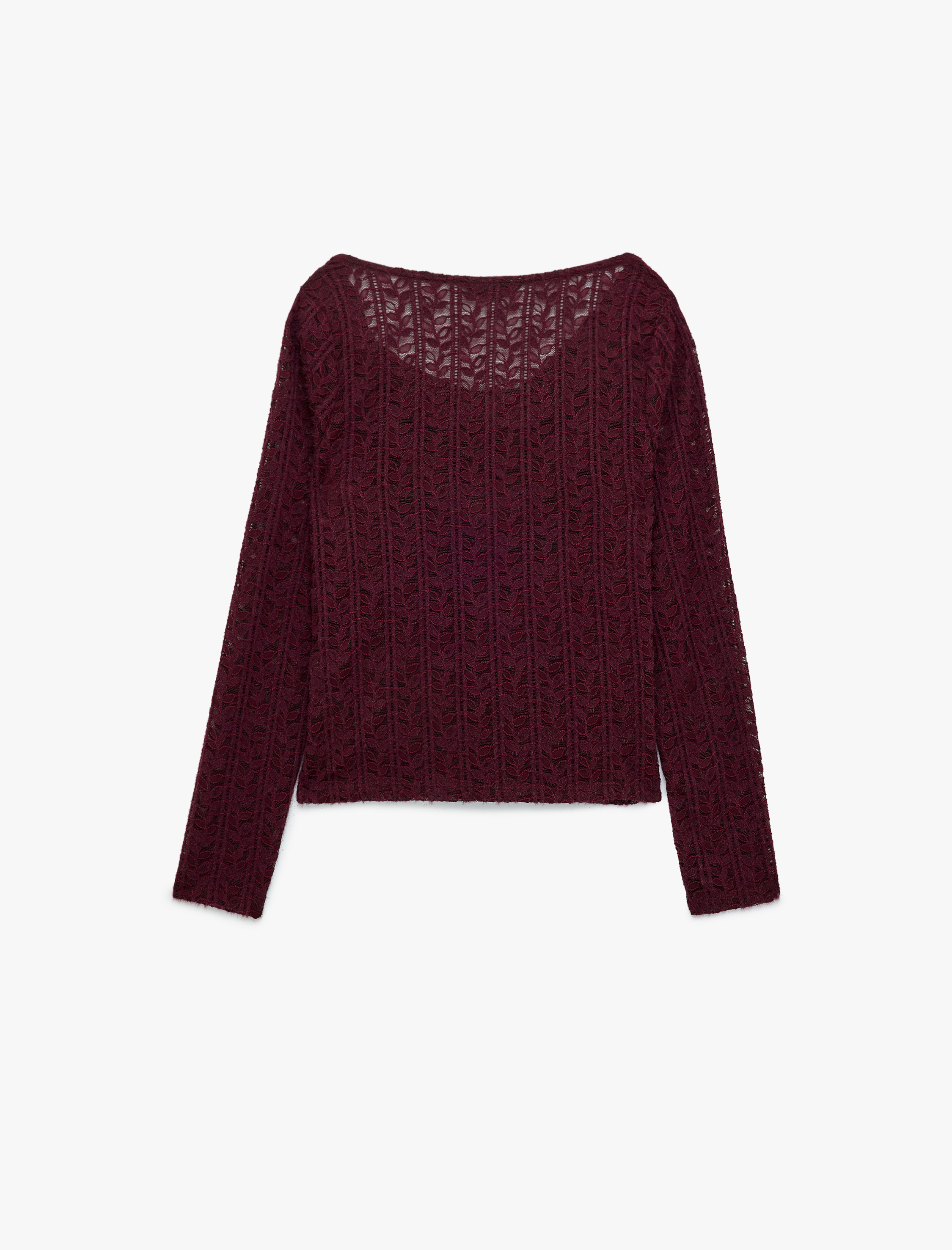   Degaje Yaka Dantel Tişört Yarı Transparan Slim Fit Uzun Kollu
