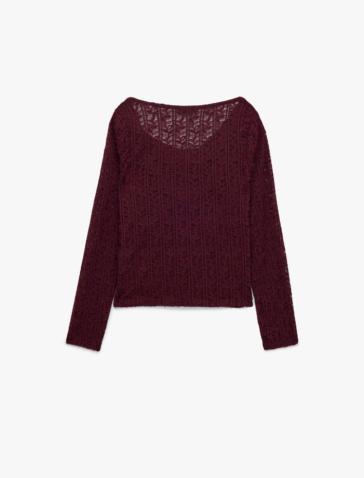  Degaje Yaka Dantel Tişört Yarı Transparan Slim Fit Uzun Kollu