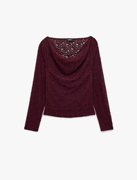 Degaje Yaka Dantel Tişört Yarı Transparan Slim Fit Uzun Kollu