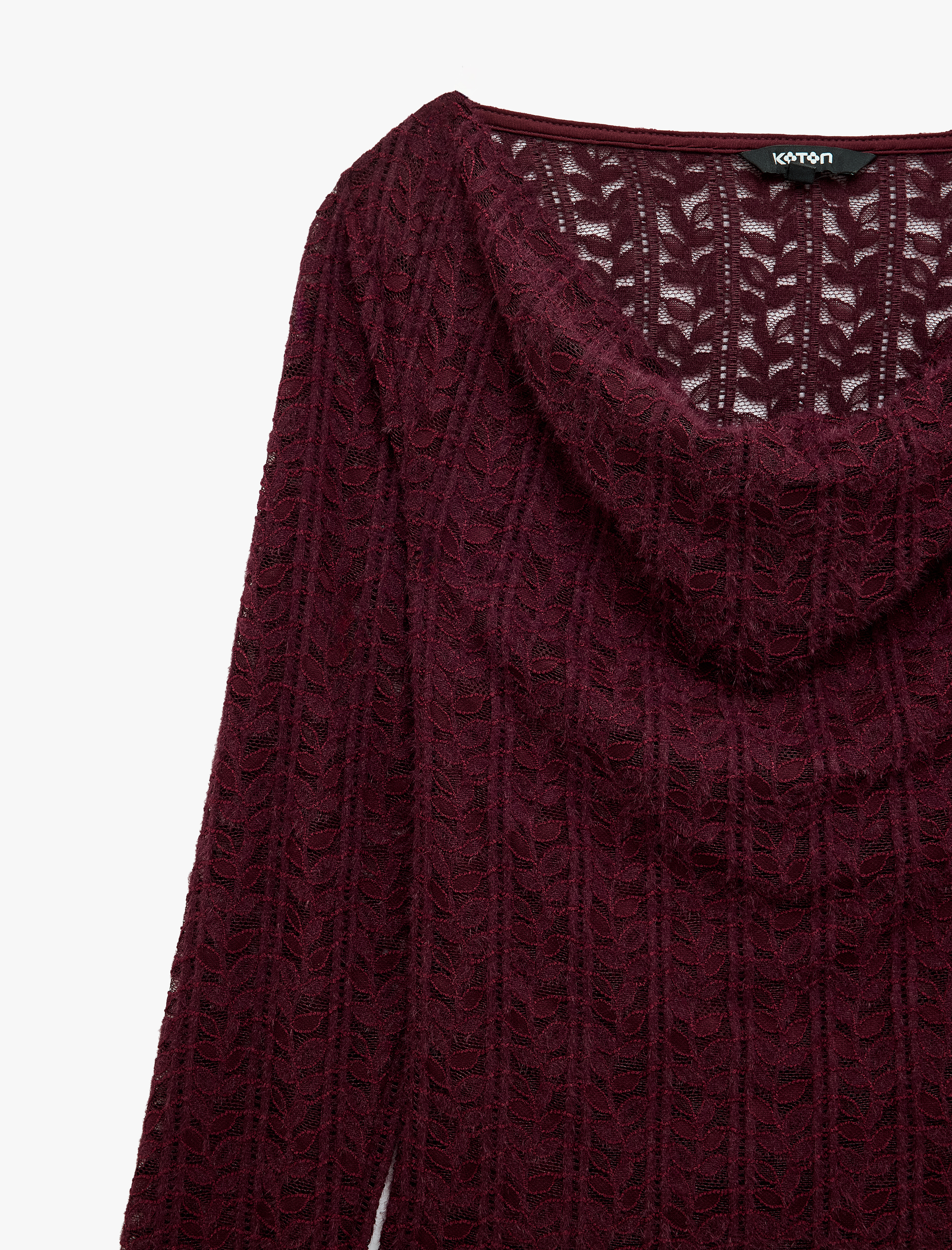   Degaje Yaka Dantel Tişört Yarı Transparan Slim Fit Uzun Kollu