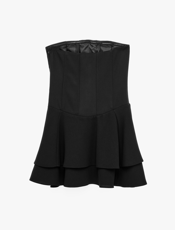  Koton X Sibil Çetinkaya - Bağcıklı Straplez Korse Mini Elbise Fırfırlı Slim Fit Krep Kumaş