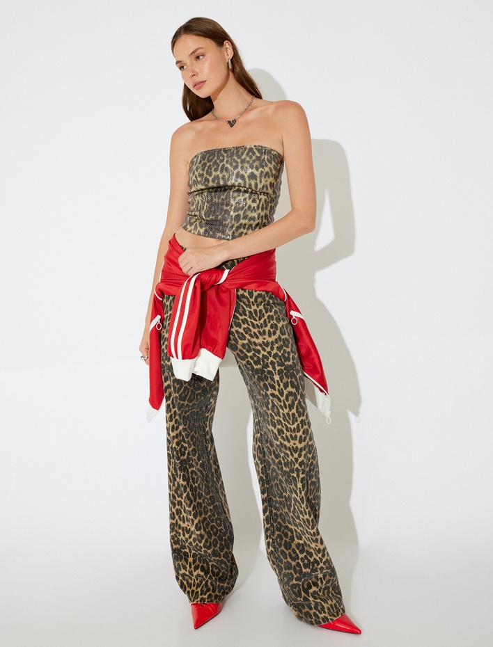  Straplez Crop Kolsuz Slim Fit Leopar Payetli Abiye Bluz