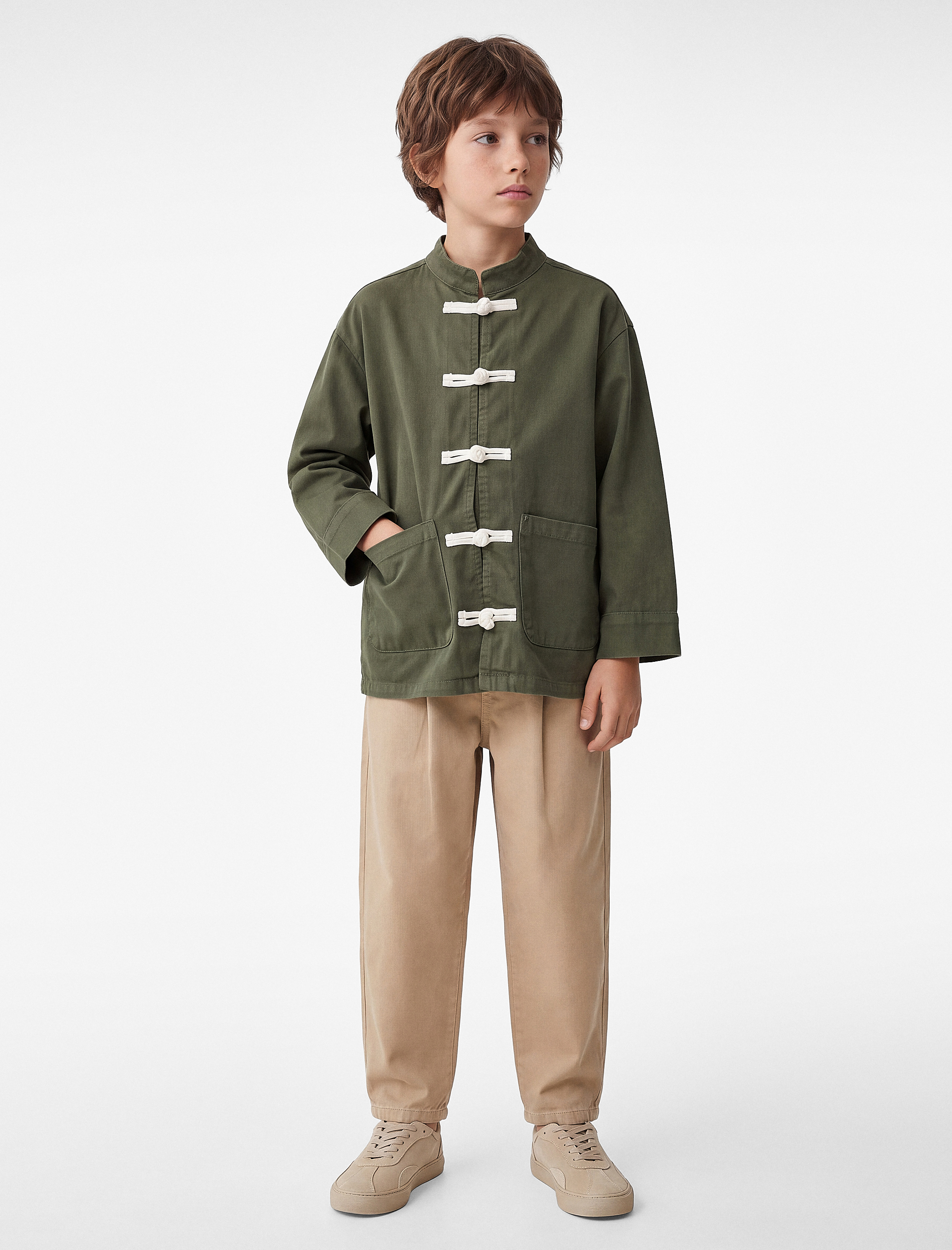  Erkek Çocuk Pamuklu Süslü Düğmeli Uzun Kollu  Dik Yaka Oversize Gabardin Ceket