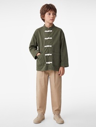 Pamuklu Süslü Düğmeli Uzun Kollu  Dik Yaka Oversize Gabardin Ceket