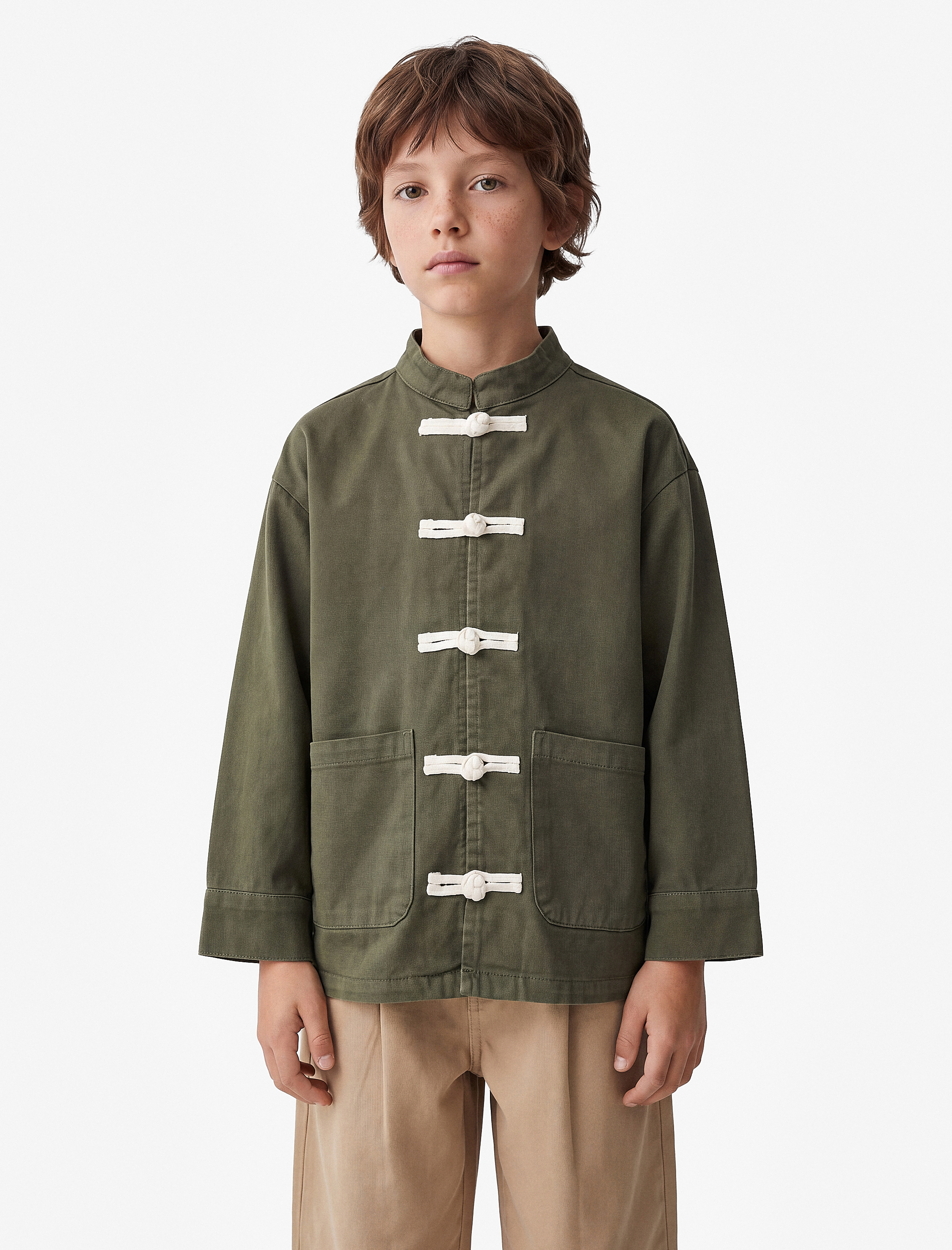  Erkek Çocuk Pamuklu Süslü Düğmeli Uzun Kollu  Dik Yaka Oversize Gabardin Ceket