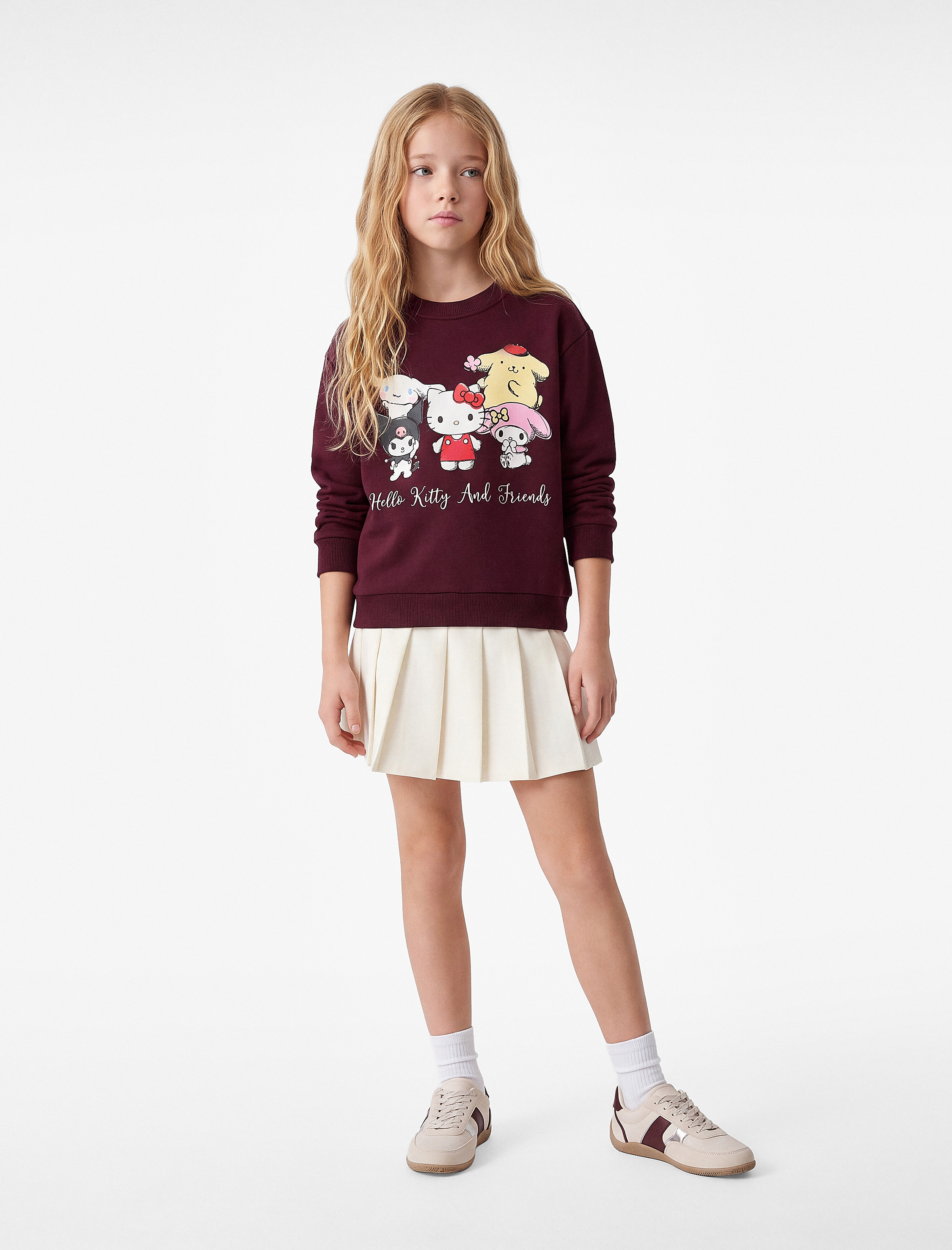  Kız Çocuk Hello Kitty Baskılı Şardonlu Uzun Kollu Bisiklet Yaka Lisanslı Sweatshirt