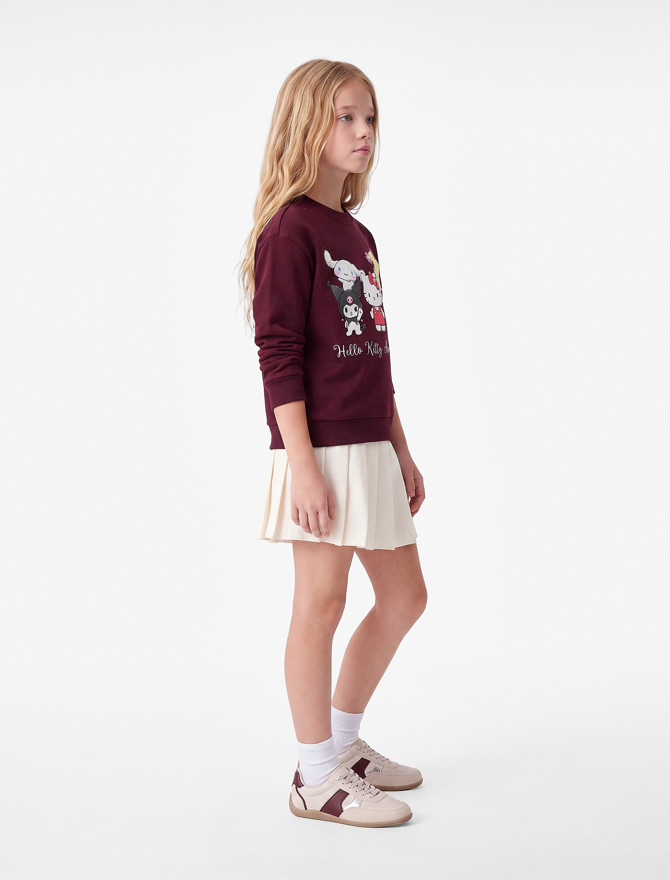  Kız Çocuk Hello Kitty Baskılı Şardonlu Uzun Kollu Bisiklet Yaka Lisanslı Sweatshirt