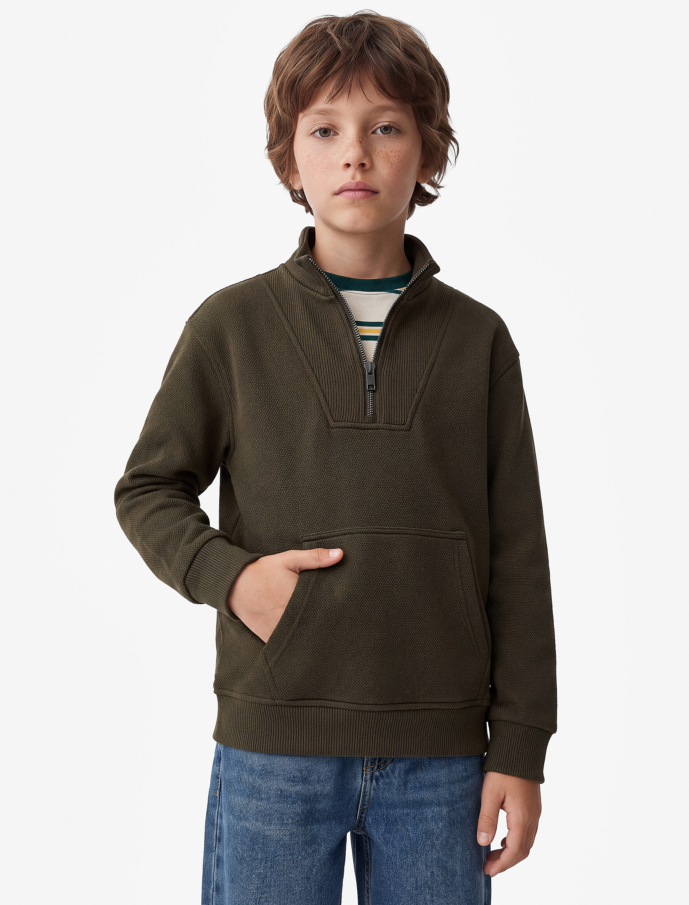  Erkek Çocuk Kanguru Cepli Uzun Kollu Yarım Fermuarlı Dik Yaka Sweatshirt
