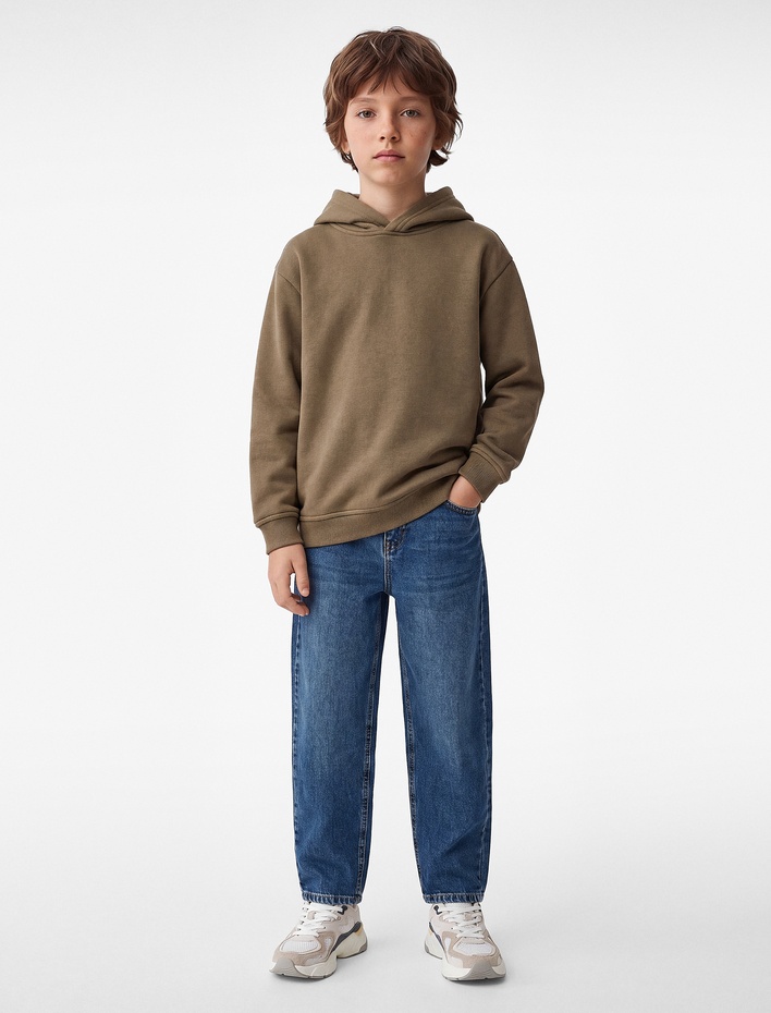 Erkek Çocuk Pamuklu Uzun Kollu Kapşonlu Şardonlu Oversize Sweatshirt