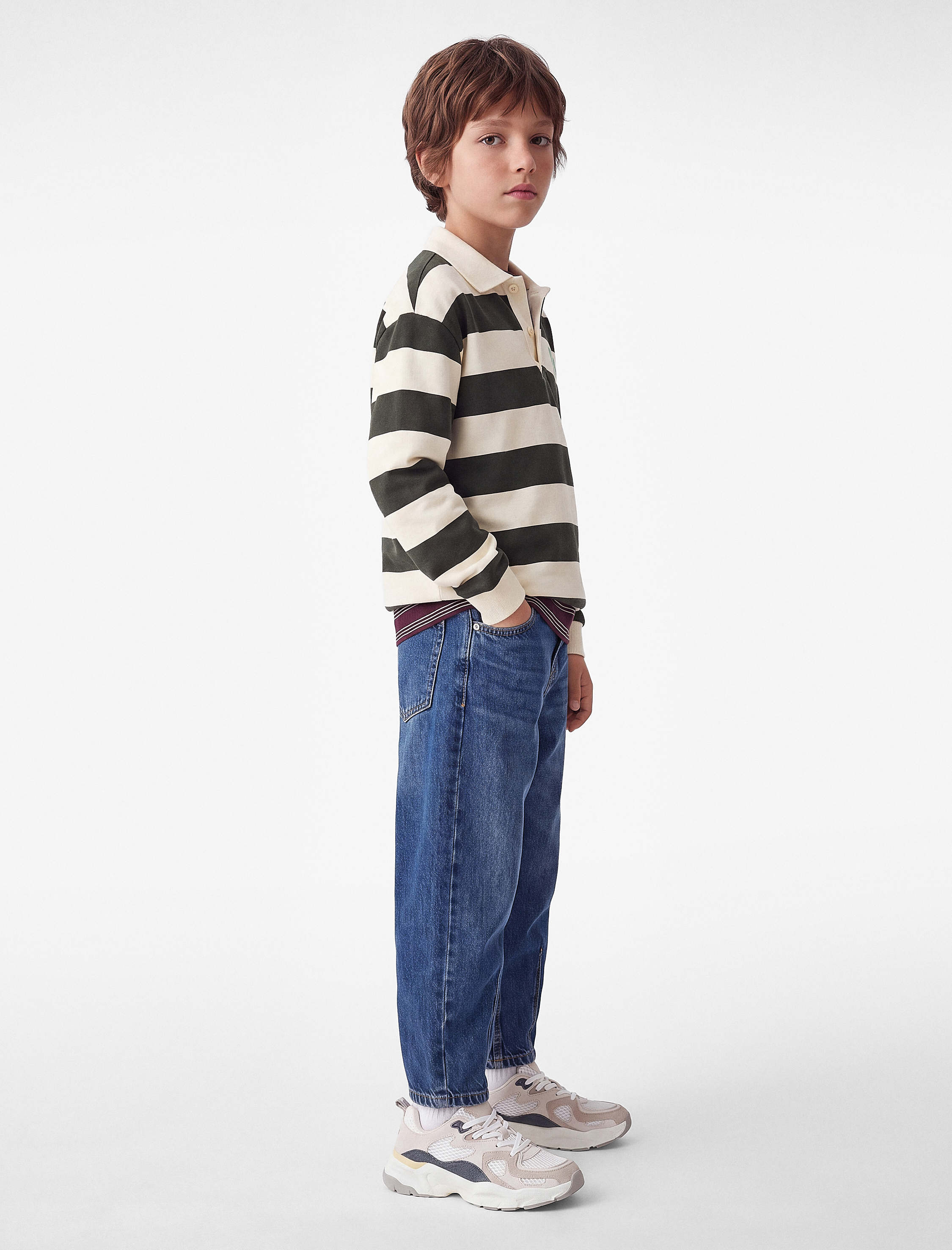  Erkek Çocuk Baskılı Şardonlu Uzun Kollu Çizgili Polo Yaka Sweatshirt