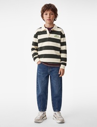 Baskılı Şardonlu Uzun Kollu Çizgili Polo Yaka Sweatshirt