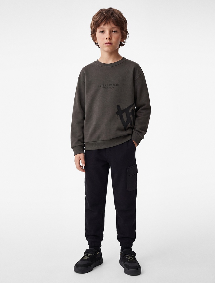 Erkek Çocuk Baskılı Şardonlu Bisiklet Yaka Uzun Kollu Sweatshirt
