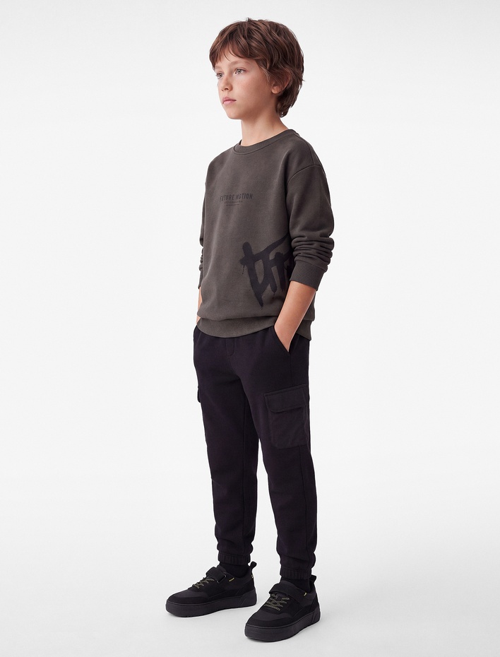 Erkek Çocuk Baskılı Şardonlu Bisiklet Yaka Uzun Kollu Sweatshirt