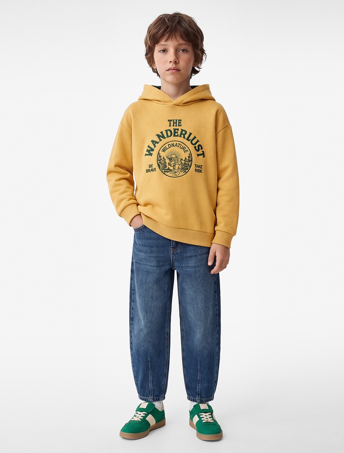Erkek Çocuk Nakışlı Şardonlu Uzun Kollu Oversize Kapşonlu Sweatshirt