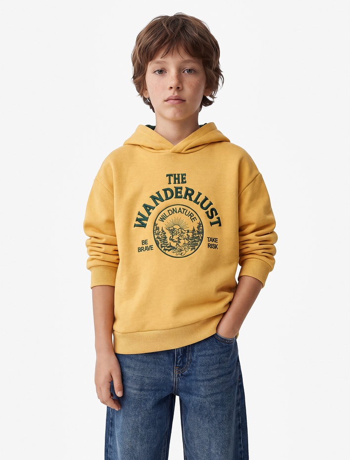 Erkek Çocuk Nakışlı Şardonlu Uzun Kollu Oversize Kapşonlu Sweatshirt