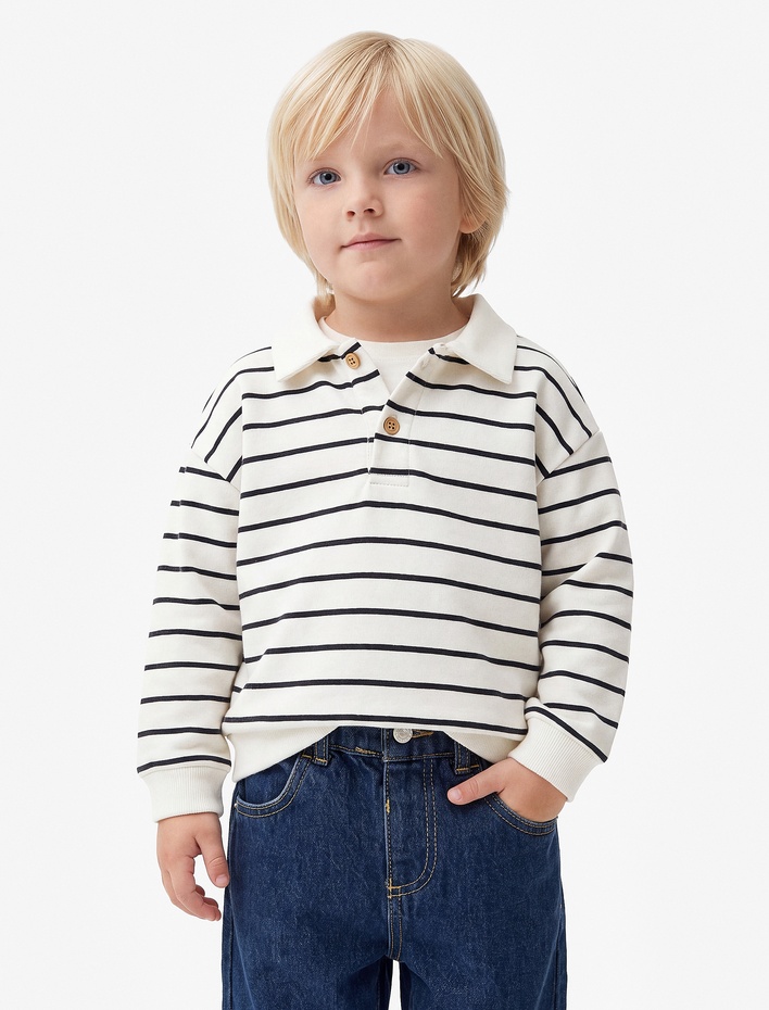 Erkek Bebek Pamuklu Uzun Kollu Şardonlu Oversize Polo Yaka Sweatshirt