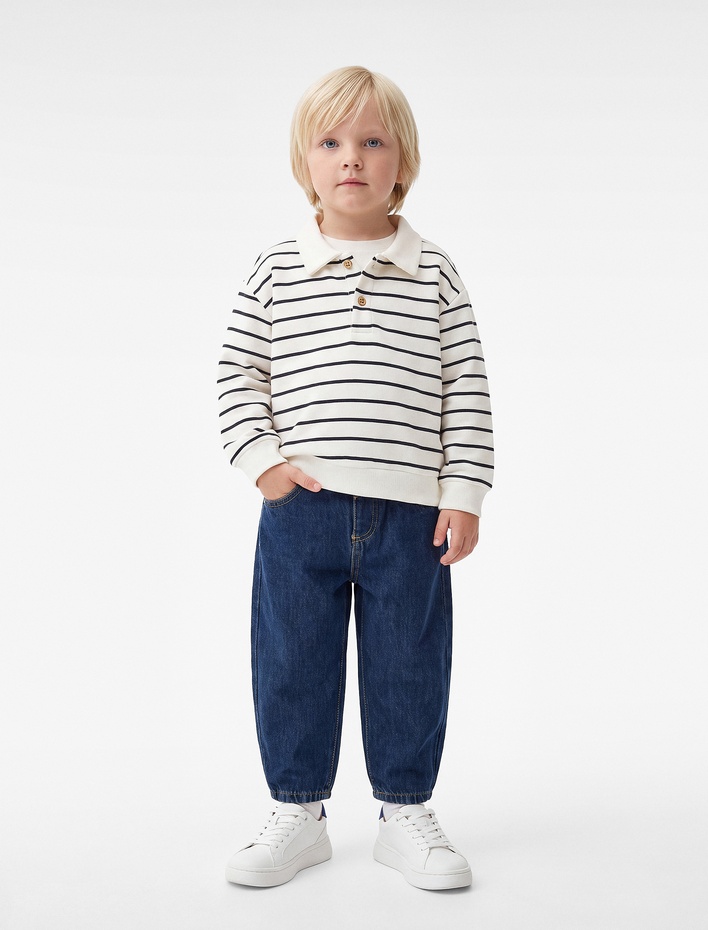 Erkek Bebek Pamuklu Uzun Kollu Şardonlu Oversize Polo Yaka Sweatshirt