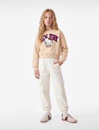 Hello Kitty Baskılı Şardonlu Uzun Kollu Bisiklet Yaka Crop Lisanslı Sweatshirt