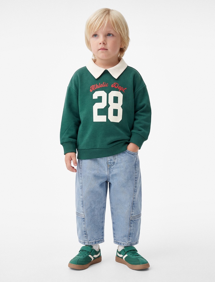 Erkek Bebek Şardonlu Uzun Kollu Oversize Polo Yaka Sweatshirt