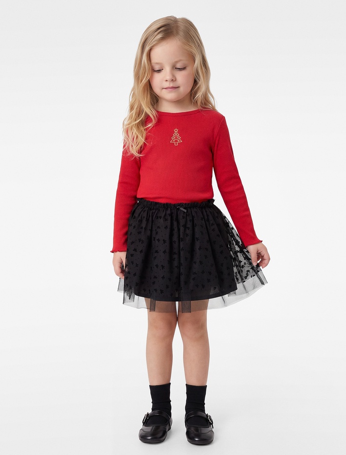 Kız Bebek Nakış Detaylı Slim Fit Pamuklu Kaşkorse Bisiklet Yaka Uzun Kollu Tişört