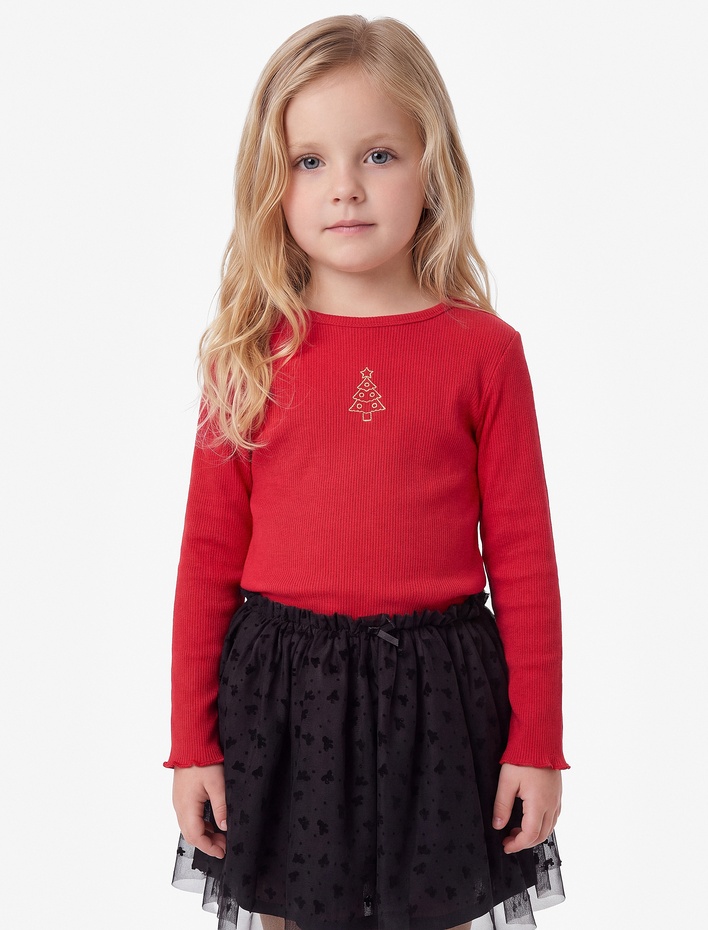 Kız Bebek Nakış Detaylı Slim Fit Pamuklu Kaşkorse Bisiklet Yaka Uzun Kollu Tişört