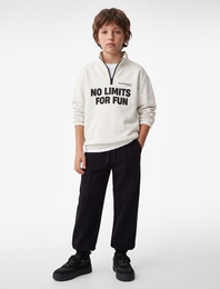 Fermuarlı Şardonlu Uzun Kollu Dik Yaka Oversize Sweatshirt