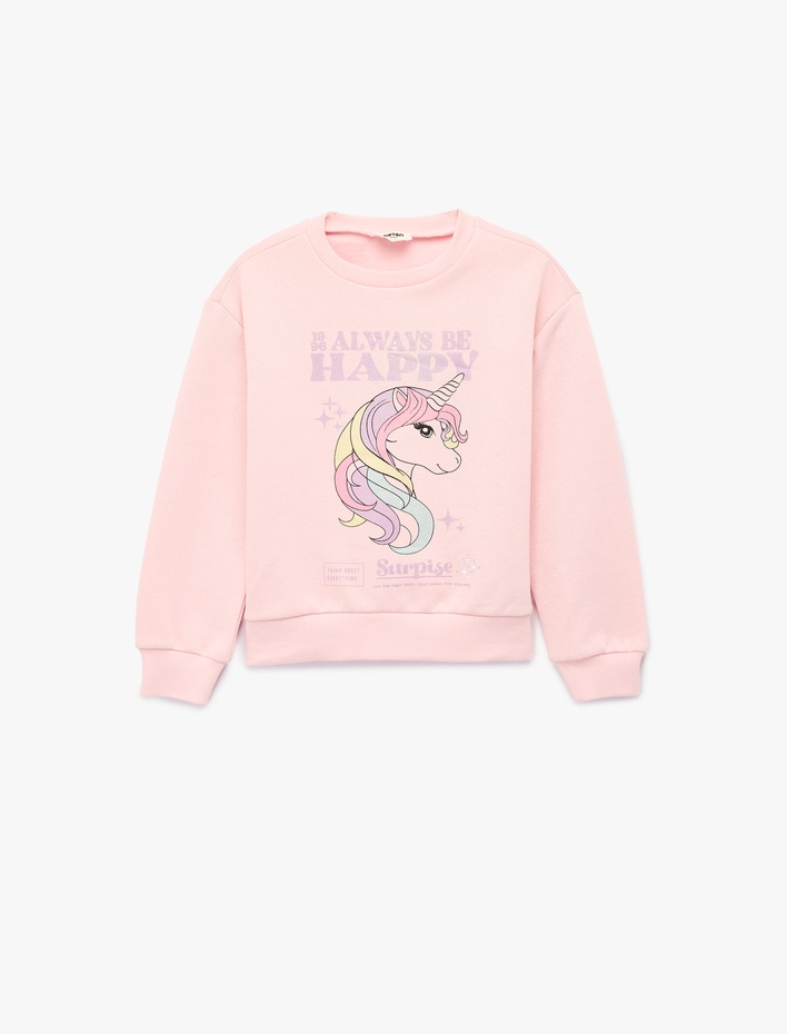 Kız Çocuk Simli Şardonlu Uzun Kollu Bisiklet Yaka Unicorn Baskılı Sweatshirt