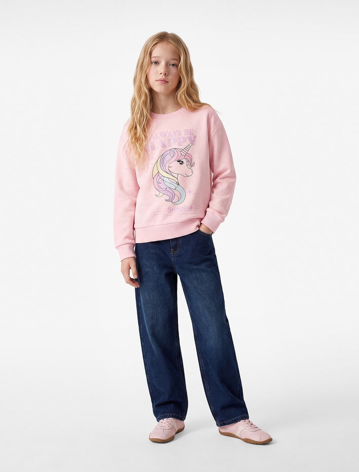 Kız Çocuk Simli Şardonlu Uzun Kollu Bisiklet Yaka Unicorn Baskılı Sweatshirt
