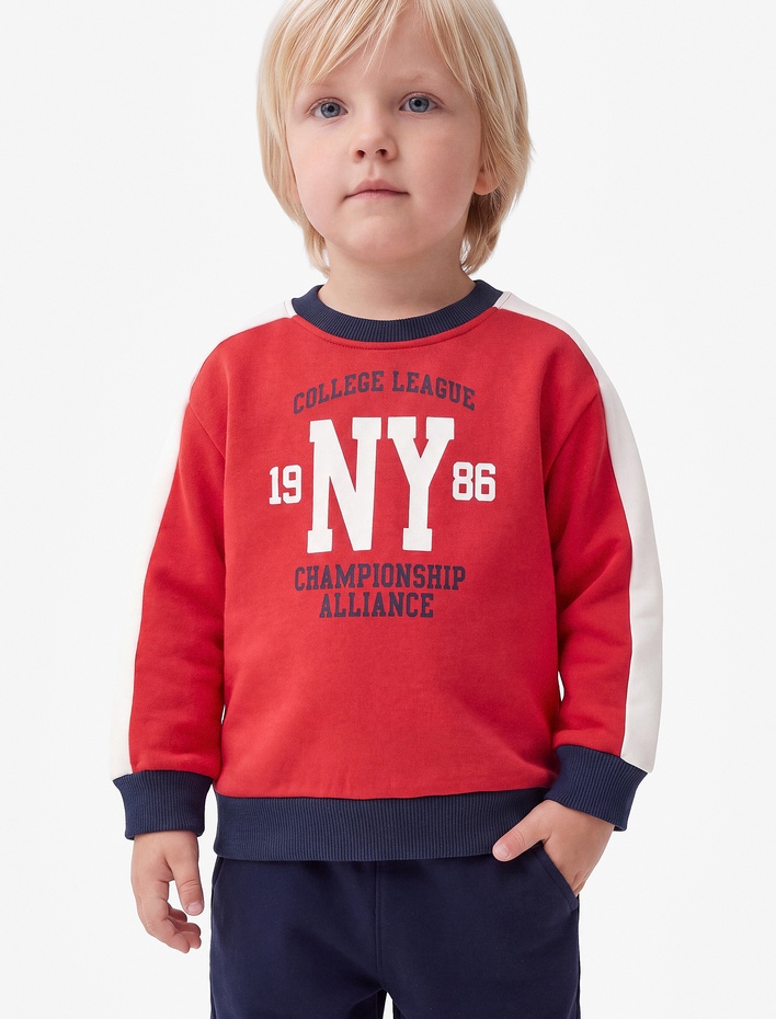 Erkek Bebek Pamuklu Bisiklet Yaka Balon Kollu Şardonlu Oversize Sweatshirt