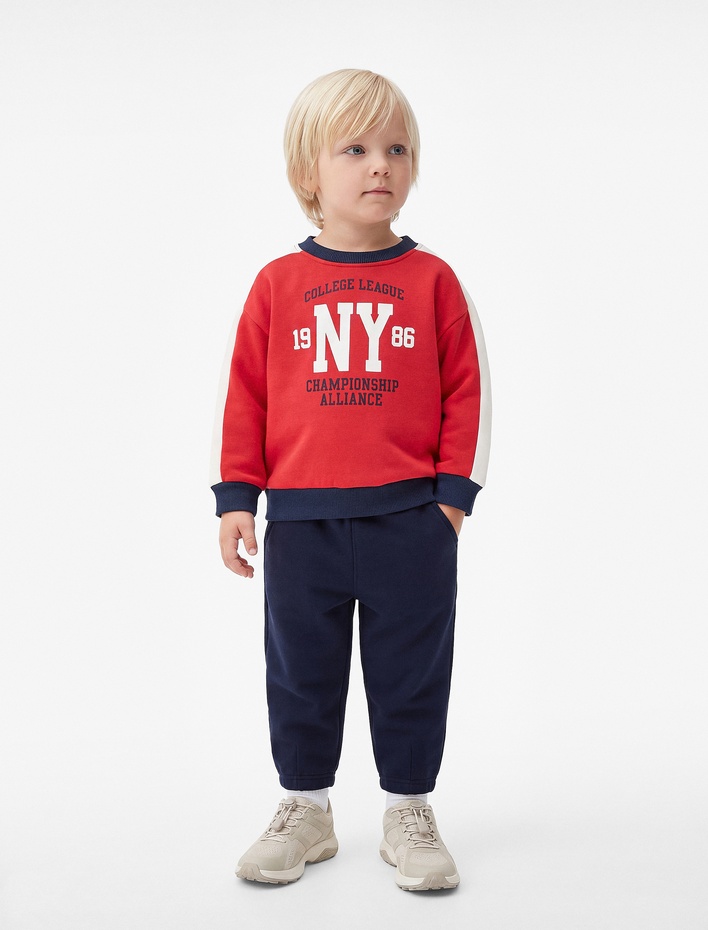 Erkek Bebek Pamuklu Bisiklet Yaka Balon Kollu Şardonlu Oversize Sweatshirt