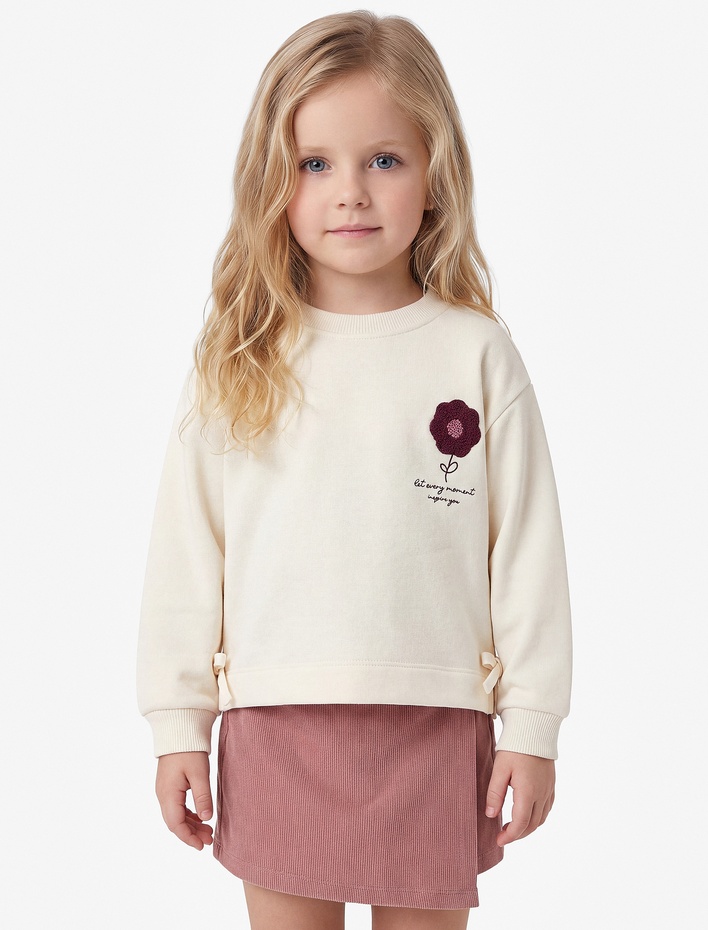 Kız Bebek Nakış Detaylı Uzun Kollu Bisiklet Yaka Sweatshirt