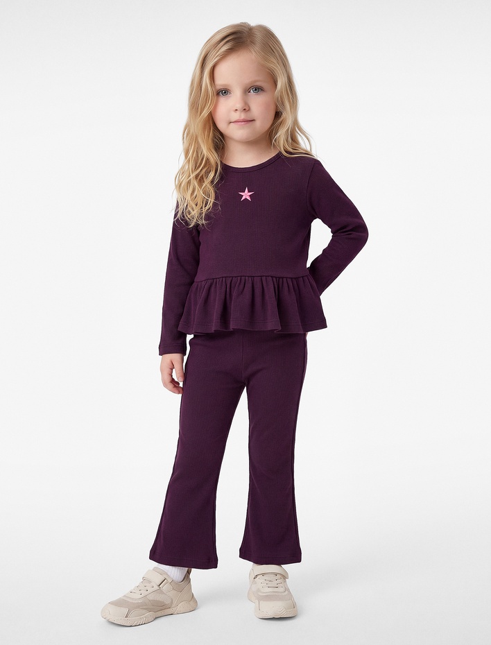 Kız Bebek Fırfırlı Nakışlı Uzun Kollu Bisiklet Yaka 2'li Set