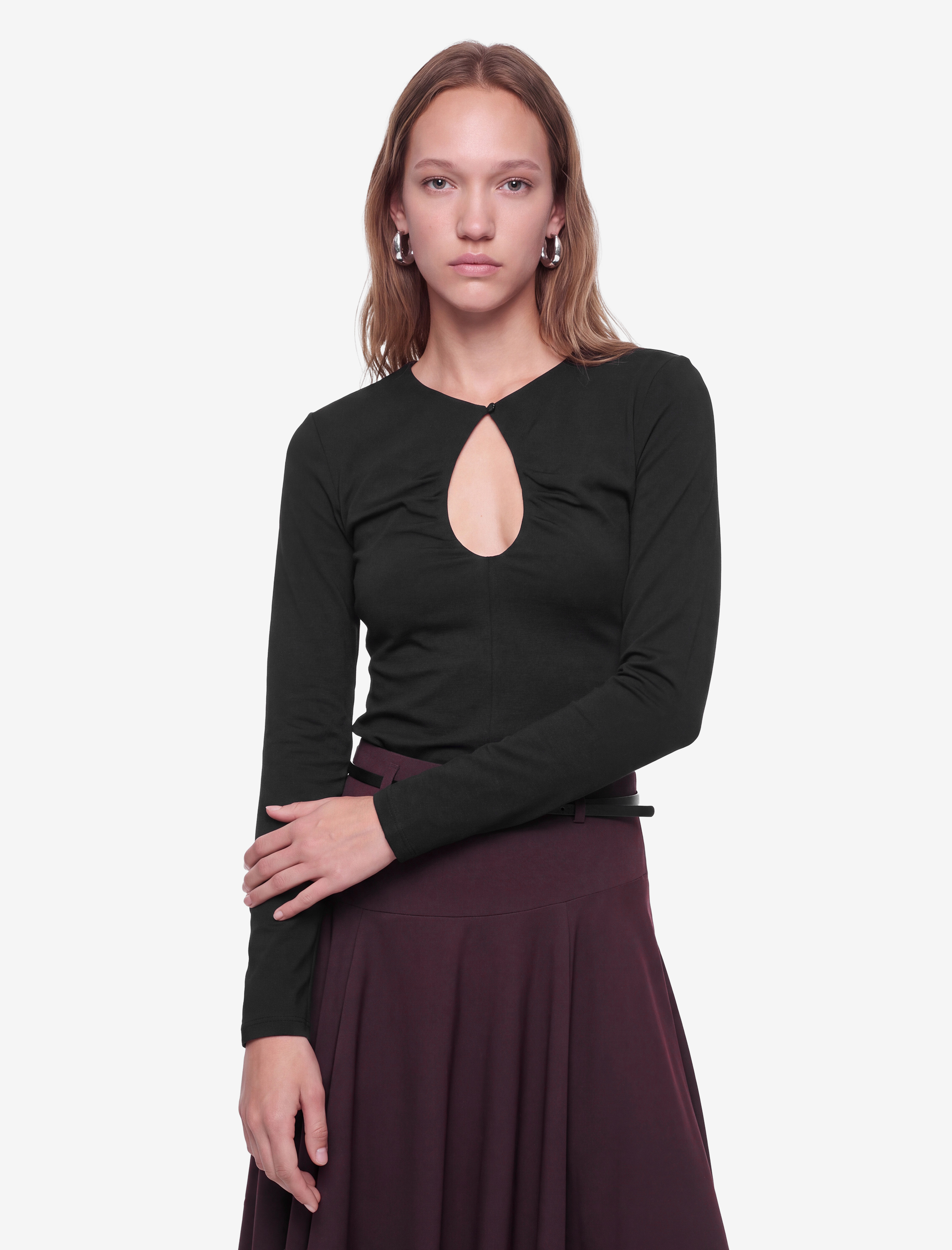   Büzgü Detaylı Slim Fit Pamuklu Bisiklet Yaka Uzun Kollu Tişört