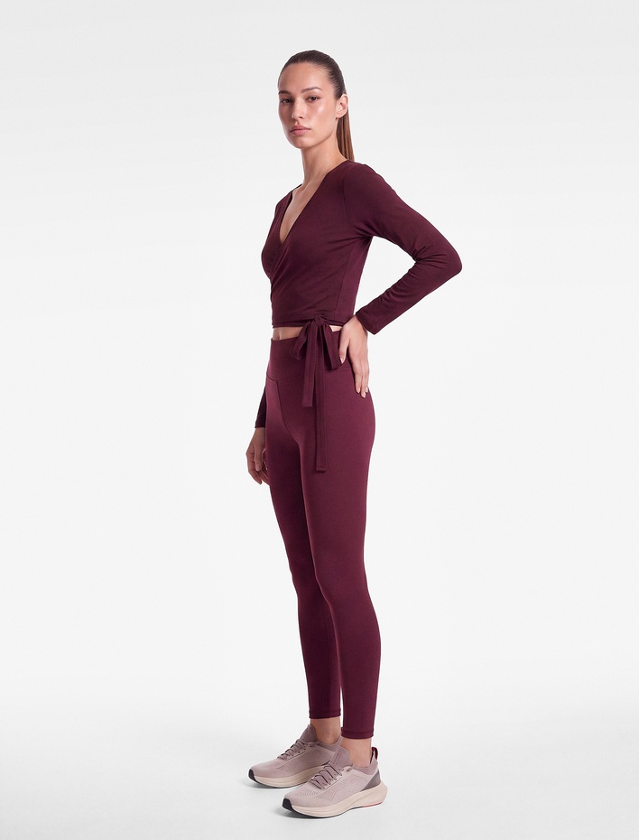  Modal Karışımlı Slim Fit V Yaka Uzun Kollu Crop Bağlamalı Kruvaze Spor Tişört