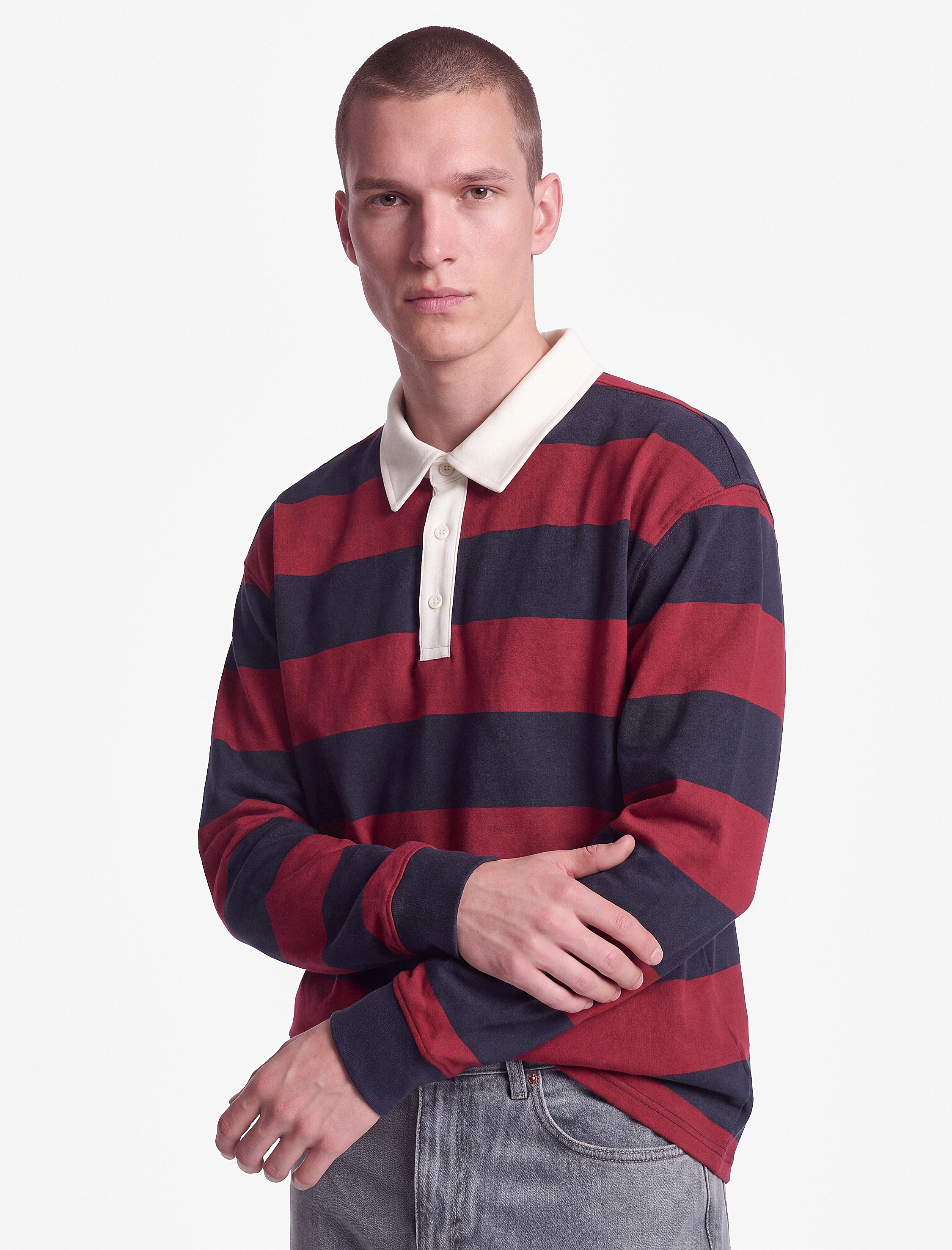   Şardonlu Uzun Kollu Polo Yaka Çizgili Sweatshirt