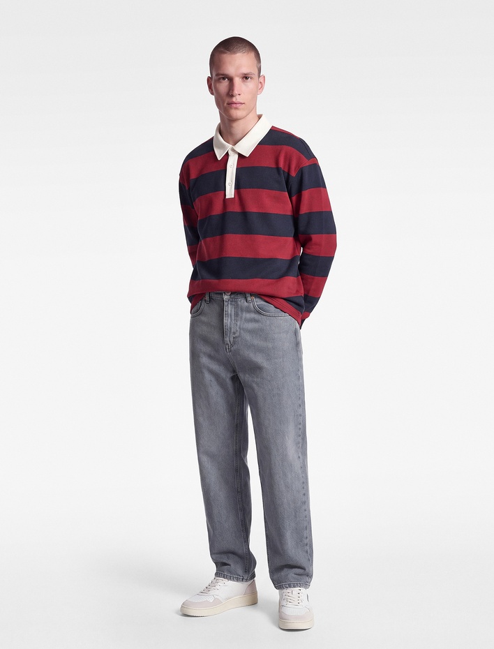  Şardonlu Uzun Kollu Polo Yaka Çizgili Sweatshirt