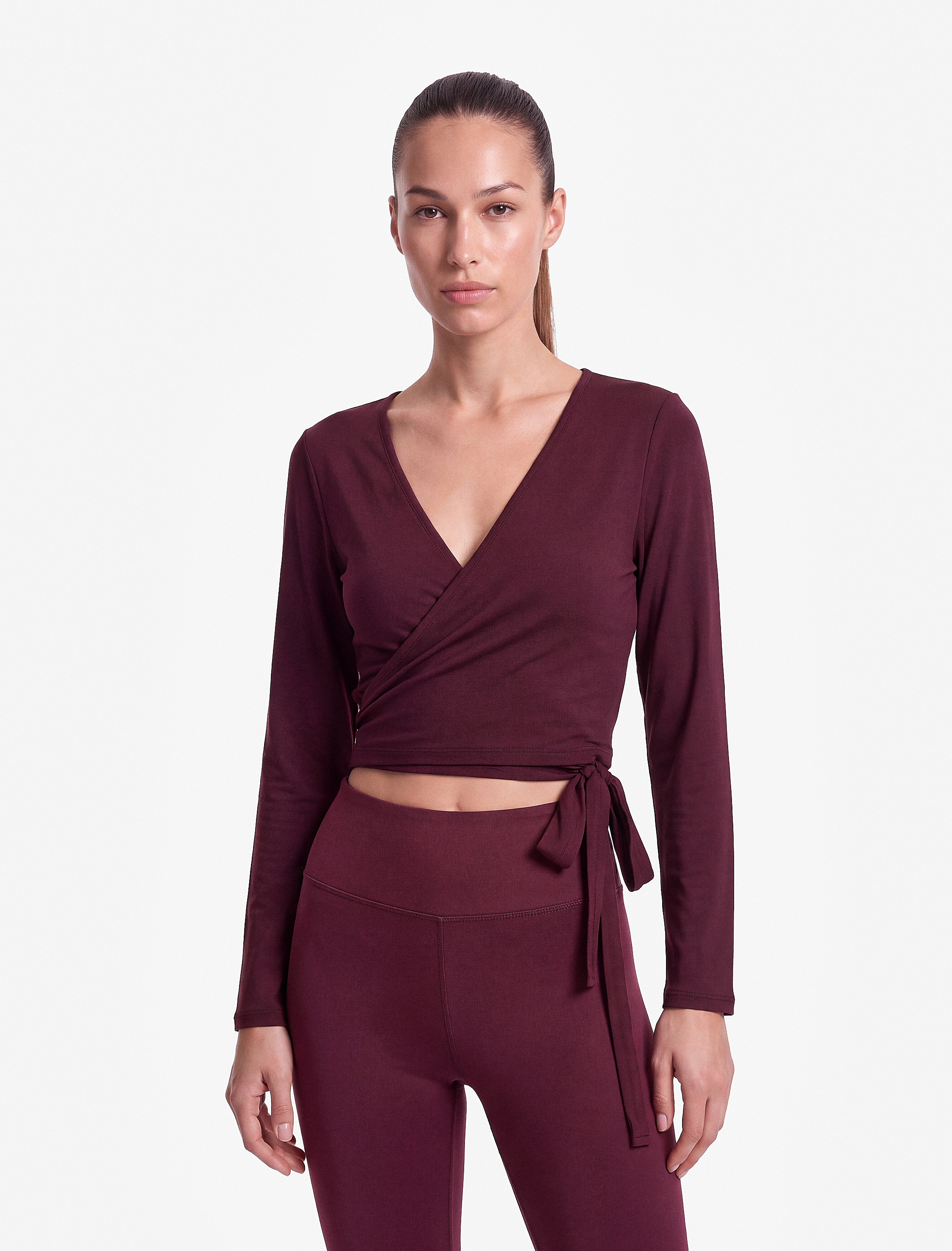   Modal Karışımlı Slim Fit V Yaka Uzun Kollu Crop Bağlamalı Kruvaze Spor Tişört