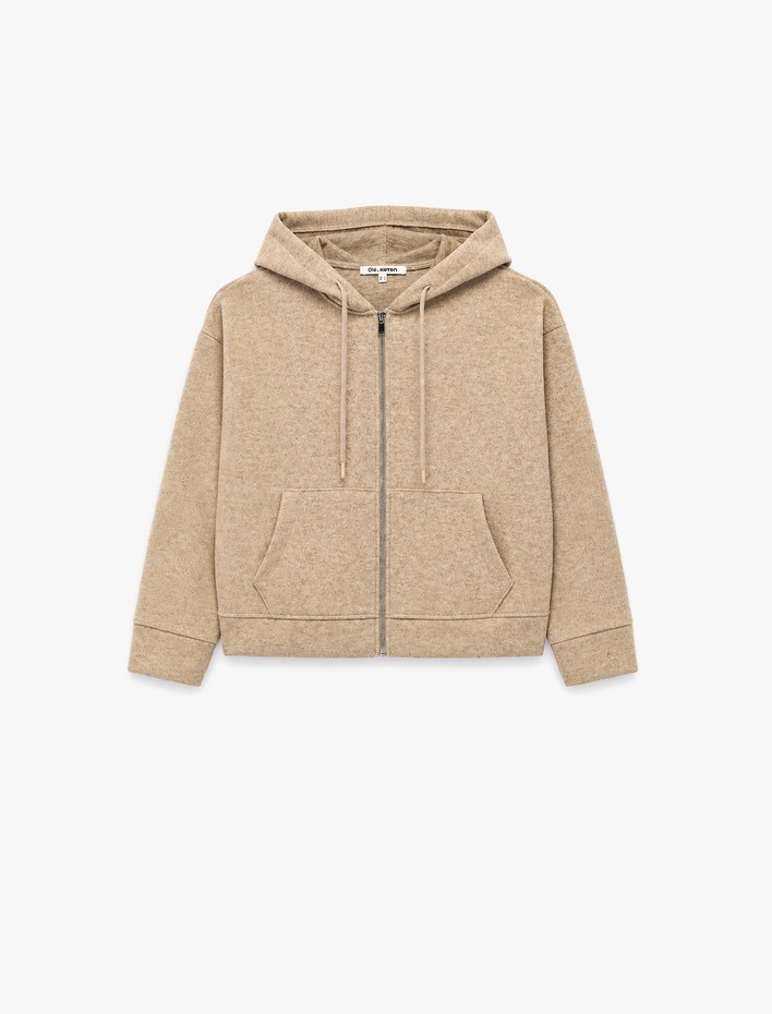  Rahat Kalıp Uzun Kollu Kapüşonlu Kanguru Cepli Fermuarlı Sweatshirt